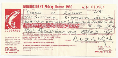 1990 Wyoming Bob Knight Personal Signed Fishing License