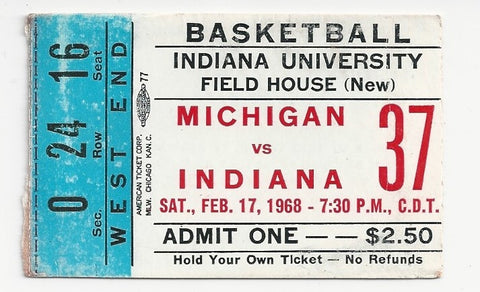 1968 Michigan vs Indiana Basketball Ticket Stub