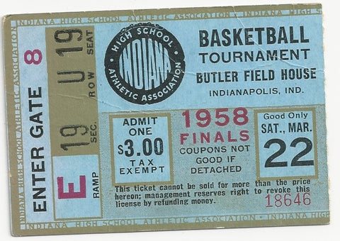 1958 Indiana High School Basketball State Finals Ticket Stub