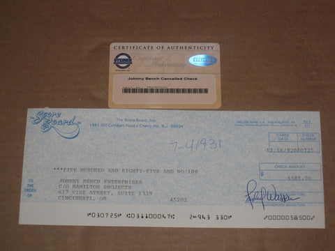 Johnny Bench 1992 Cancelled Check, Steiner COA
