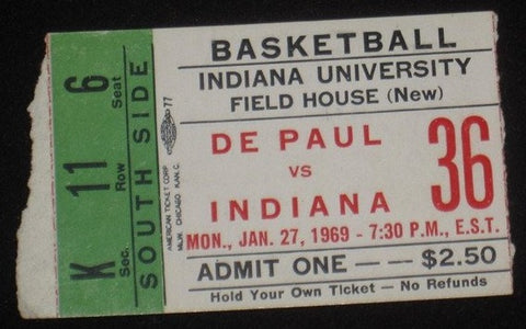 1969 DEPAUL VS INDIANA UNIVERSITY BASKETBALL TICKET STUB