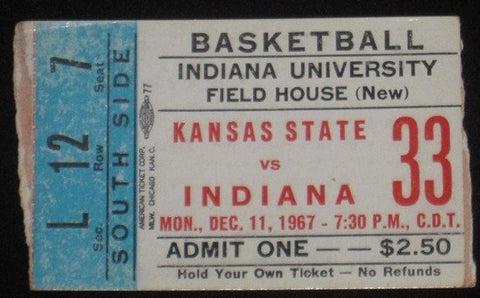 1967 KANSAS ST VS INDIANA UNIVERSITY BASKETBALL TICKET STUB