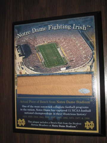 Notre Dame Football Stadium Plaque with piece of Bench