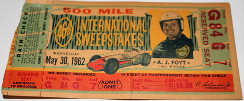 1962 Indy 500 Ticket Stub, A.J. Foyt on Face