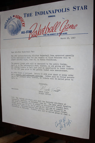 1967 Indiana Kentucky High School All Star Game Ticket Letter