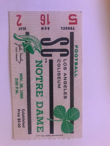 1960 Notre Dame vs USC Ticket Stub