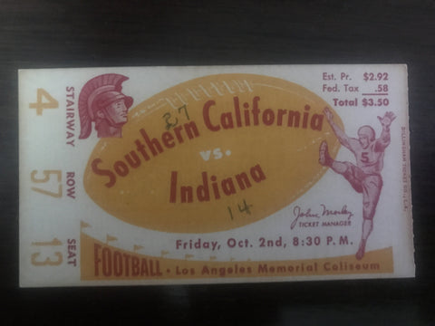 1953 Indiana University vs USC Football Ticket Stub