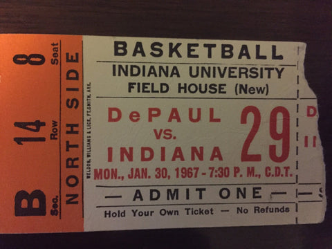 1967 DePaul vs Indiana University Basketball Ticket Stub