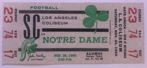 1960 Notre Dame vs USC Football Full Ticket