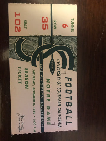 1950 Notre Dame vs USC Football Ticket Stub